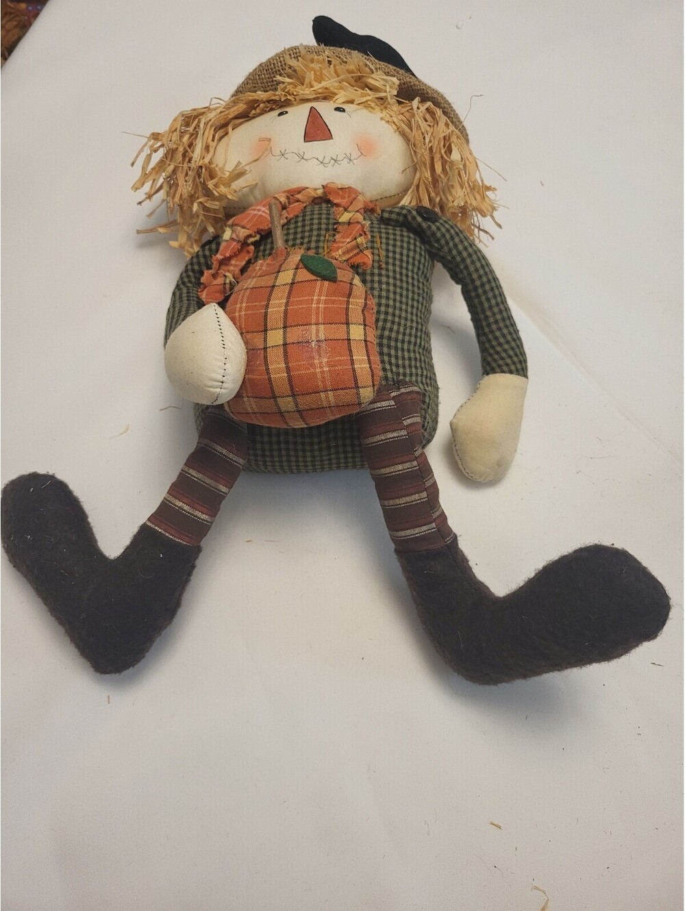 Rustic Scarecrow Doll with Straw Hat and Plaid Outfit 16x11.5